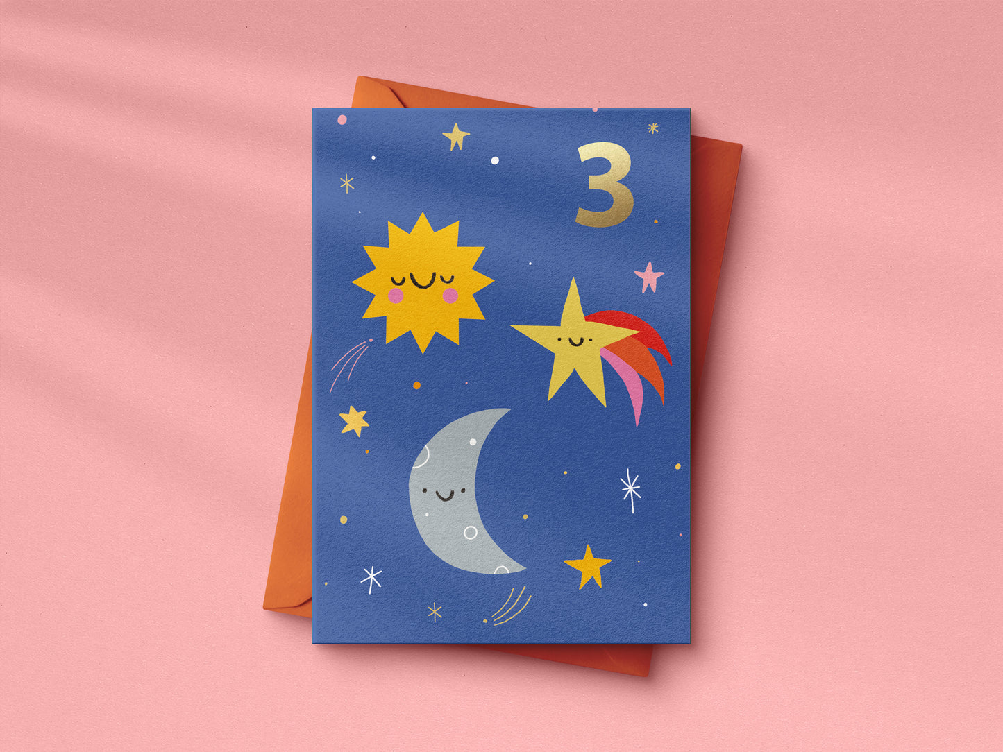 Cute Space 3rd Birthday hand foiled A6 greetings card