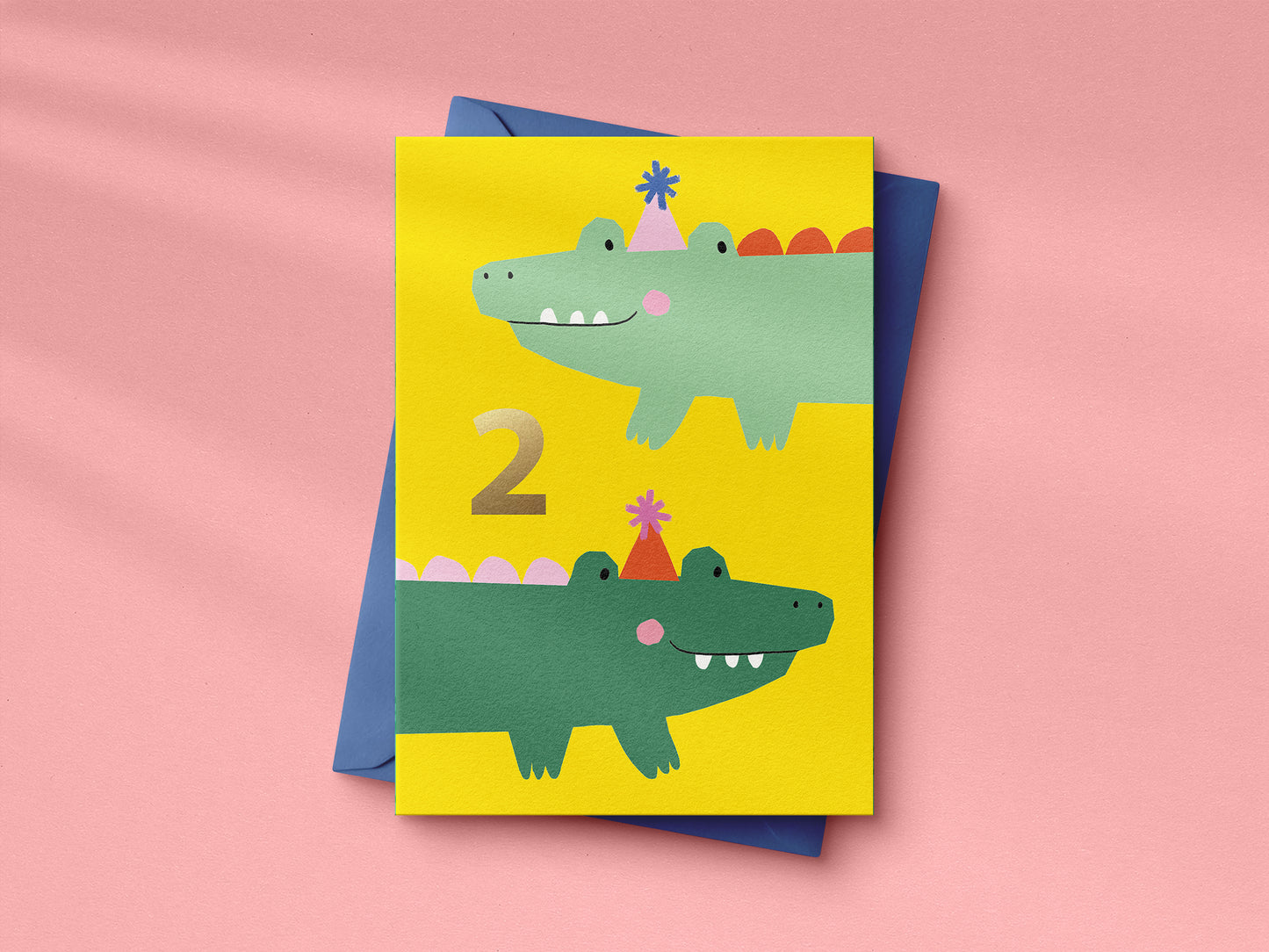 Cute crocodiles 2nd Birthday hand foiled A6 greetings card