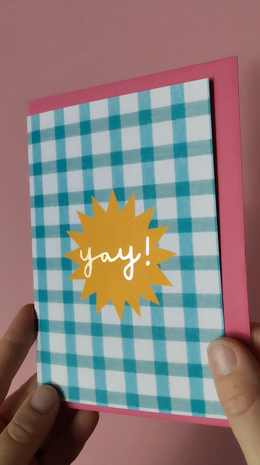 Blue check YAY hand foiled A6 greetings card