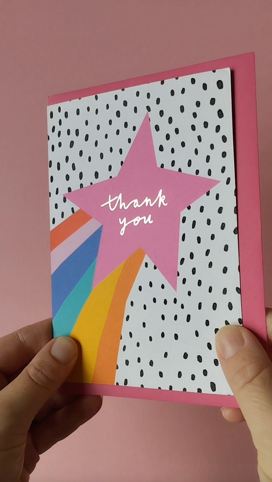 Pink Rainbow Shooting Star Thank you hand foiled A6 greetings card