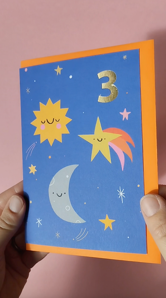 Cute Space 3rd Birthday hand foiled A6 greetings card