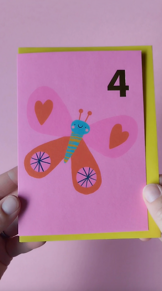 Cute Butterfly 4th Birthday hand foiled A6 greetings card
