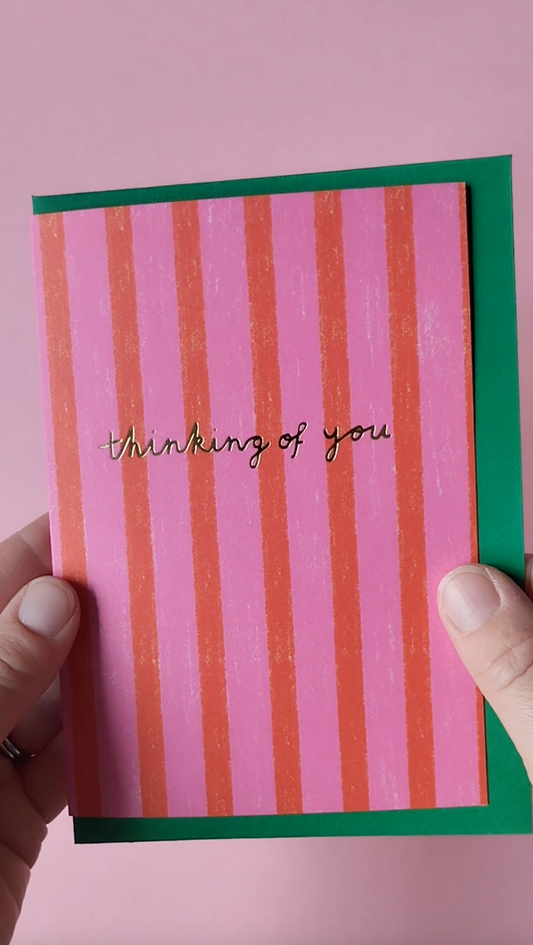 Red and Pink Striped Thinking of you hand foiled A6 greetings card