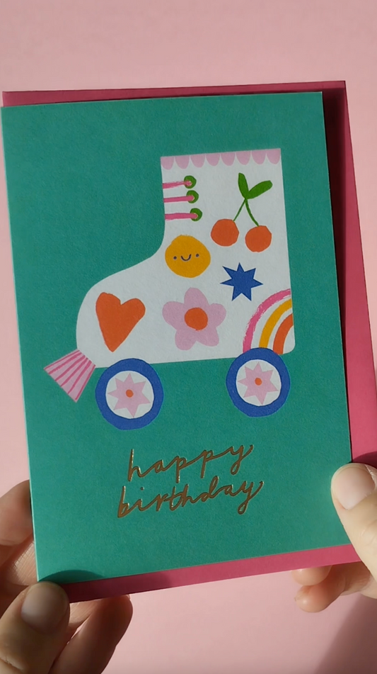 Roller skate hand foiled A6 greetings card