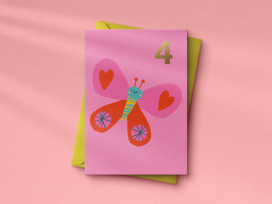 Cute Butterfly 4th Birthday hand foiled A6 greetings card