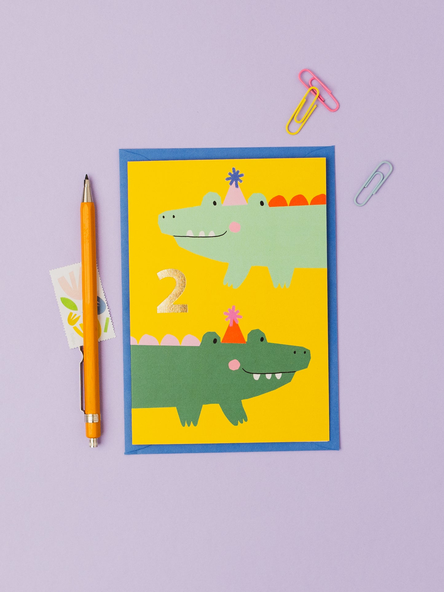 Cute crocodiles 2nd Birthday hand foiled A6 greetings card