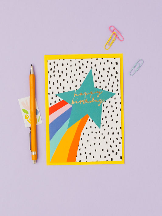Rainbow Shooting Star Birthday hand foiled A6 greetings card
