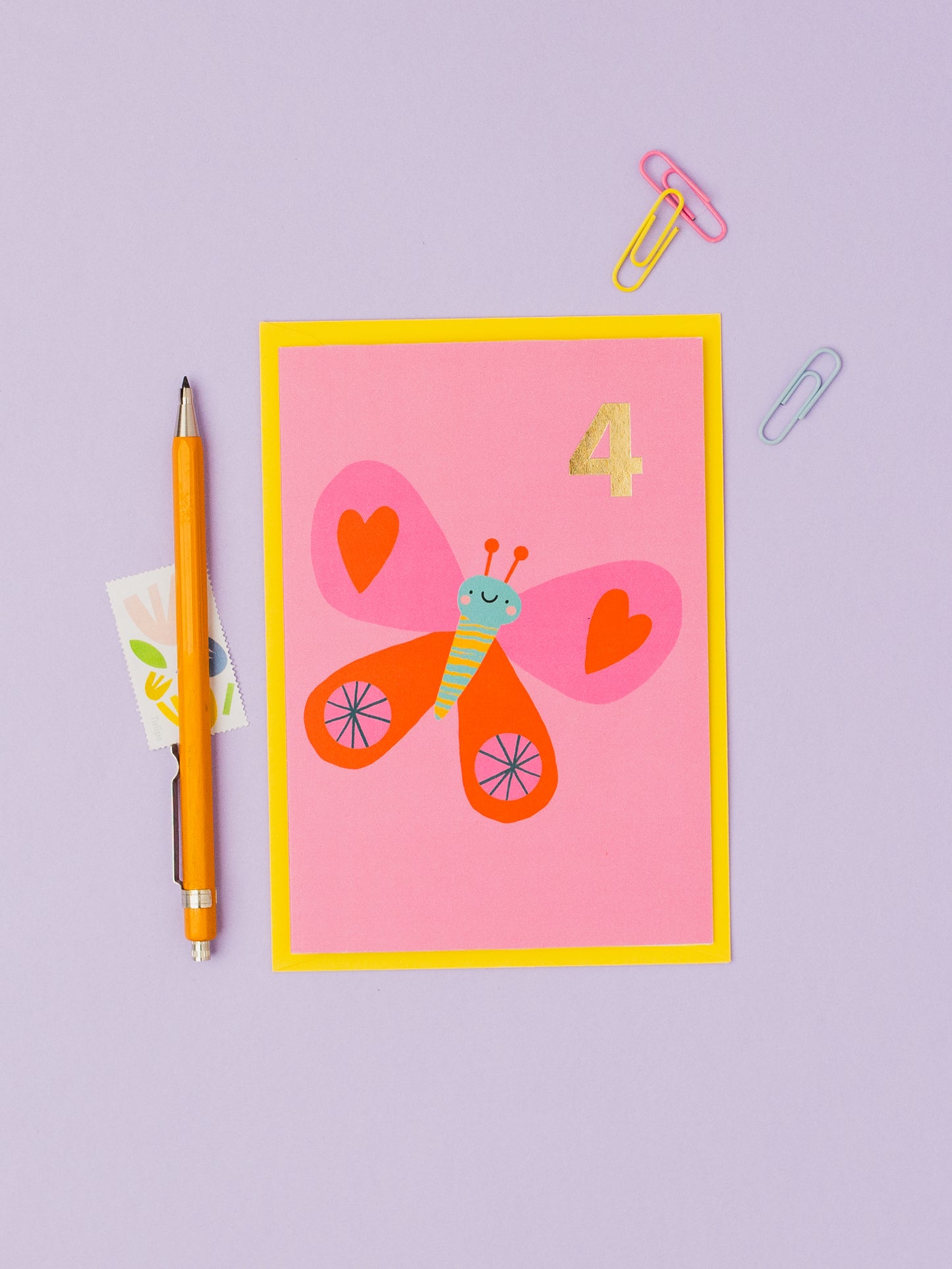 Cute Butterfly 4th Birthday hand foiled A6 greetings card