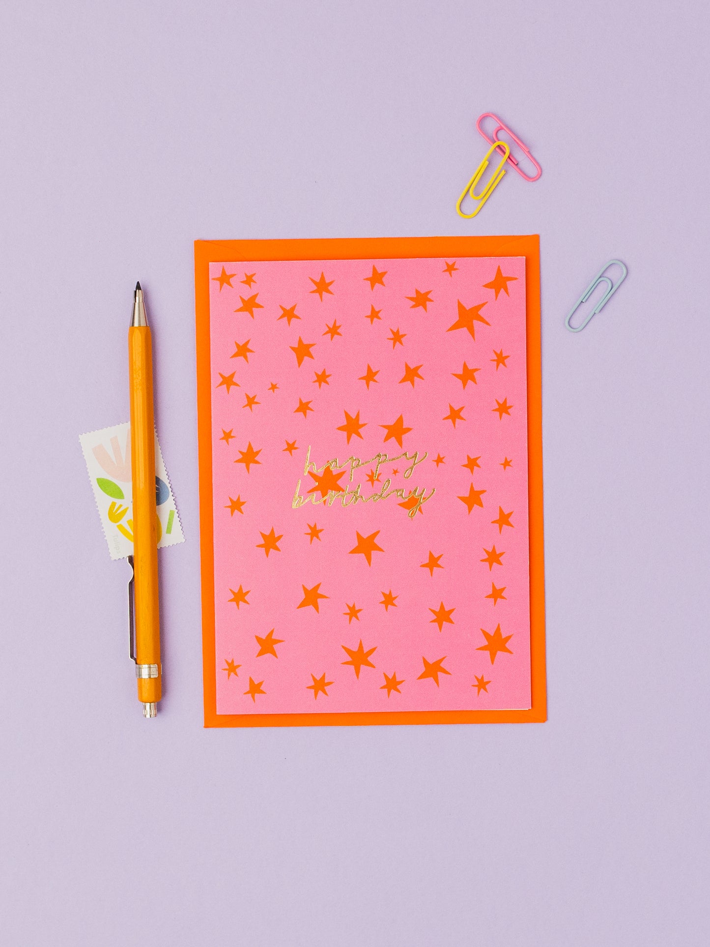 Orange stars Birthday hand foiled A6 greetings card