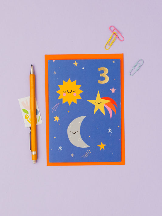 Cute Space 3rd Birthday hand foiled A6 greetings card