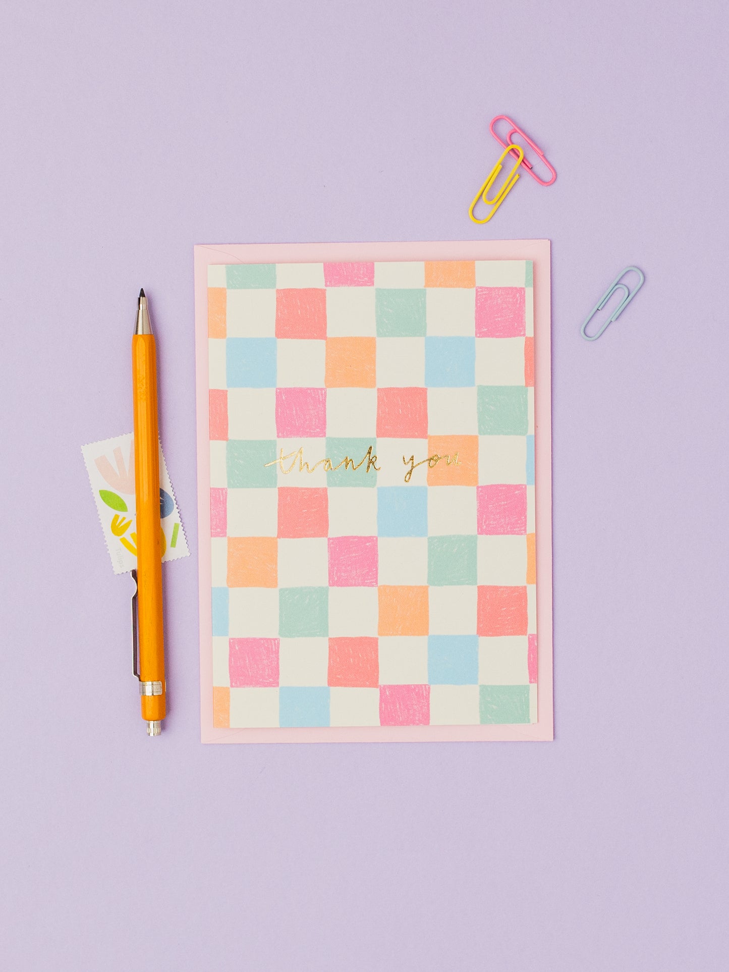 Pastel Check Thank you hand foiled A6 greetings card
