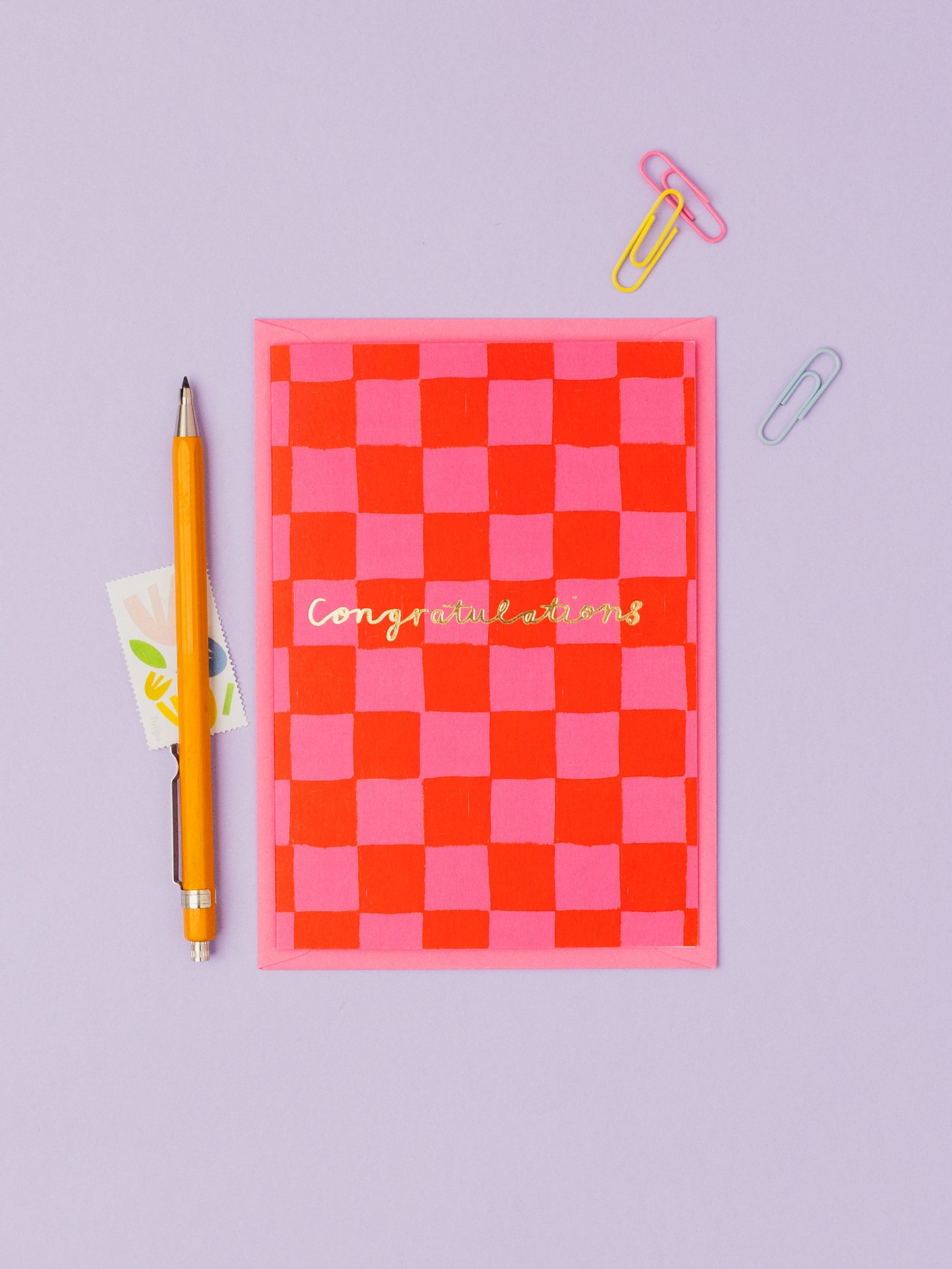 Pink Check Congratulations hand foiled A6 greetings card