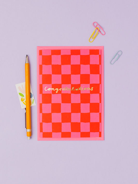 Pink Check Congratulations hand foiled A6 greetings card
