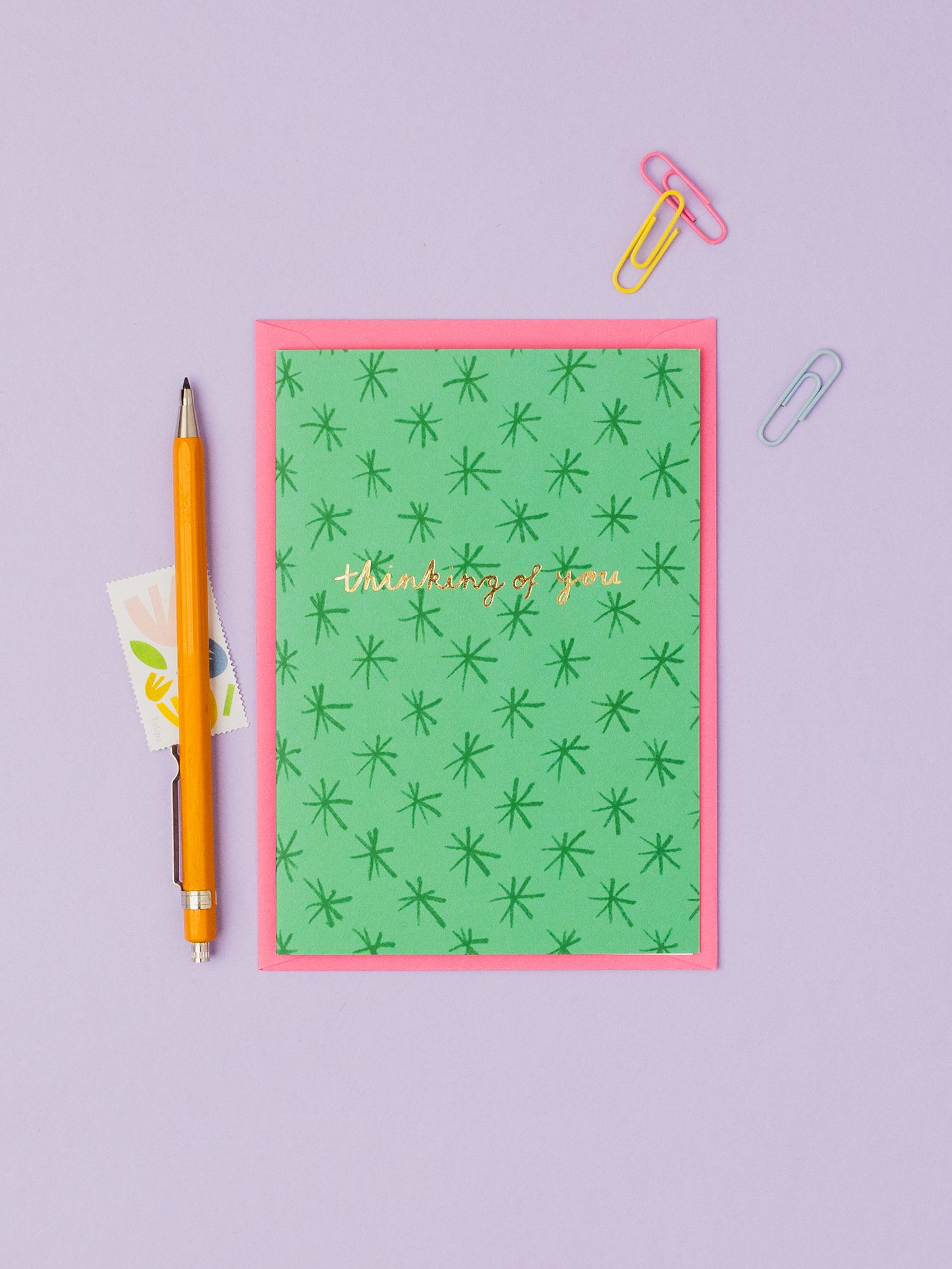Green Stars Thinking of you hand foiled A6 greetings card