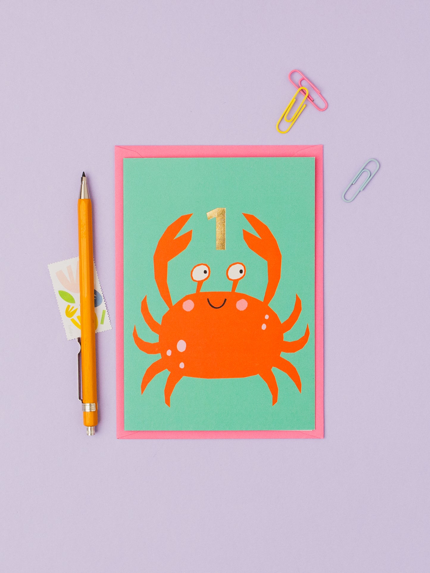 Cute Crab 1st Birthday hand foiled A6 greetings card