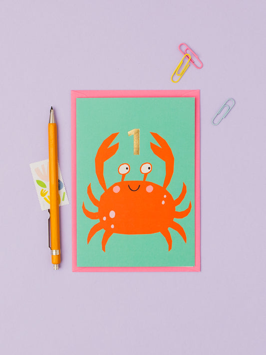 Cute Crab 1st Birthday hand foiled A6 greetings card