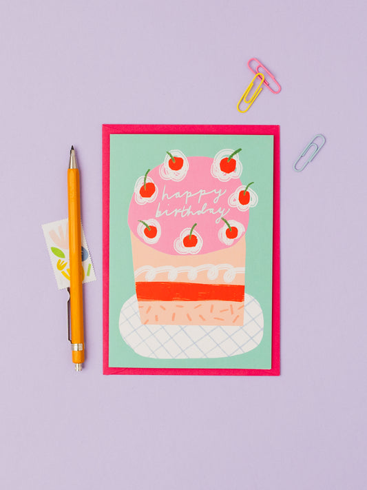 Birthday cake Holographic hand foiled A6 greetings card