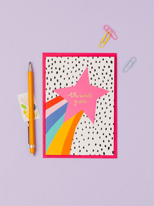 Pink Rainbow Shooting Star Thank you hand foiled A6 greetings card