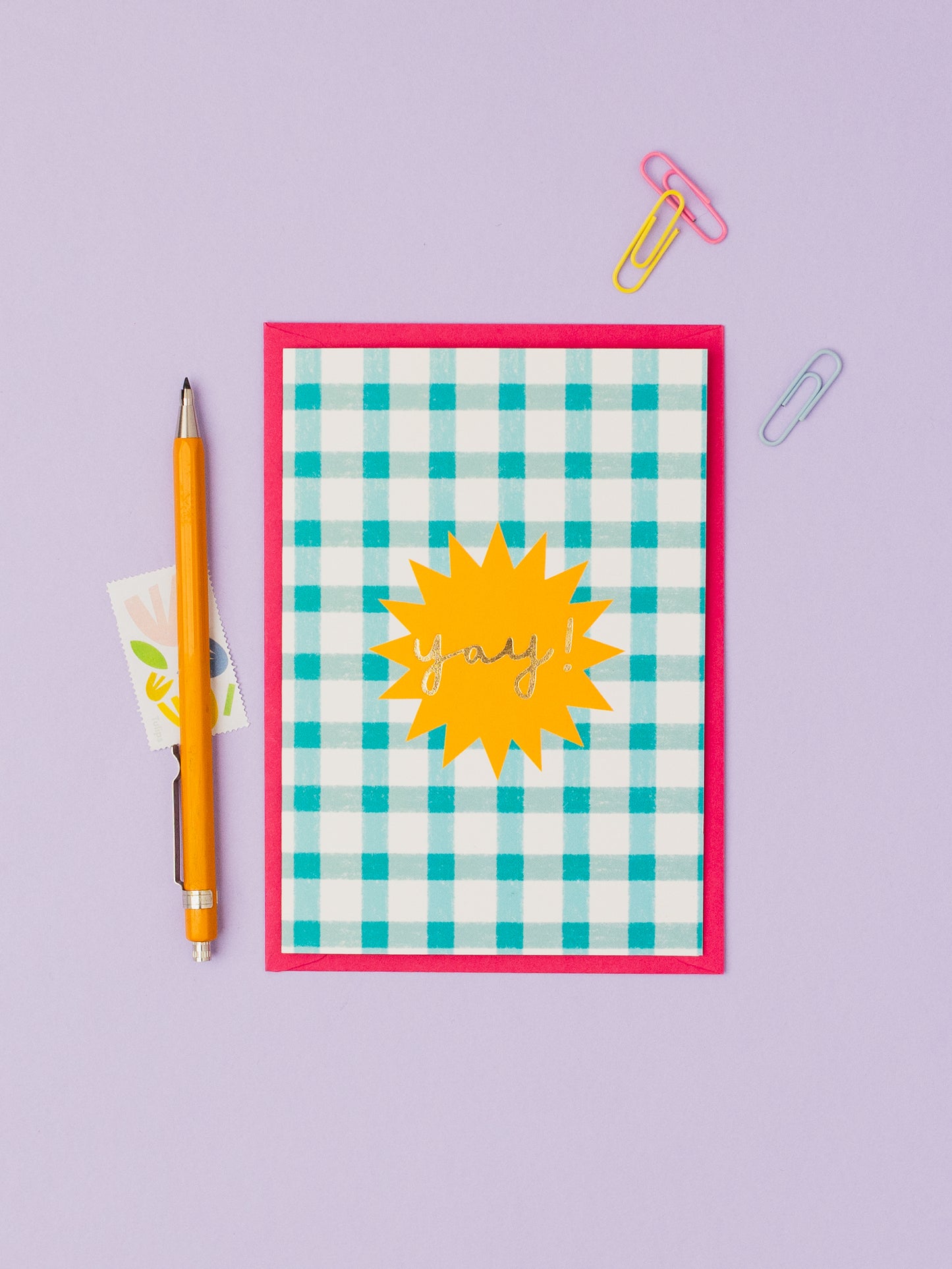Blue check YAY hand foiled A6 greetings card