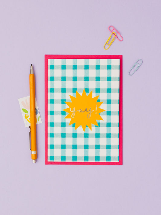 Blue check YAY hand foiled A6 greetings card