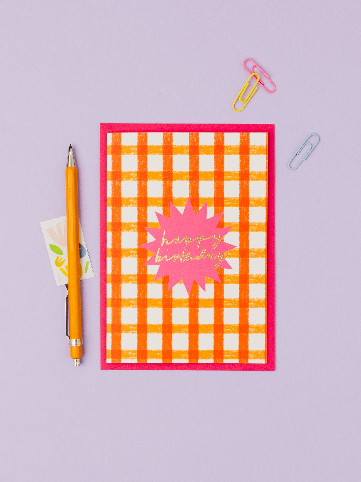 Orange Check Birthday hand foiled A6 greetings card
