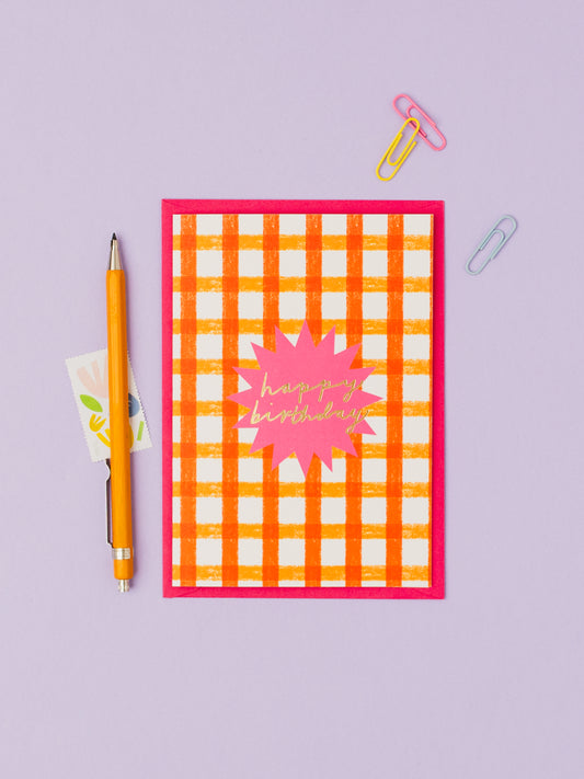 Orange Check Birthday hand foiled A6 greetings card