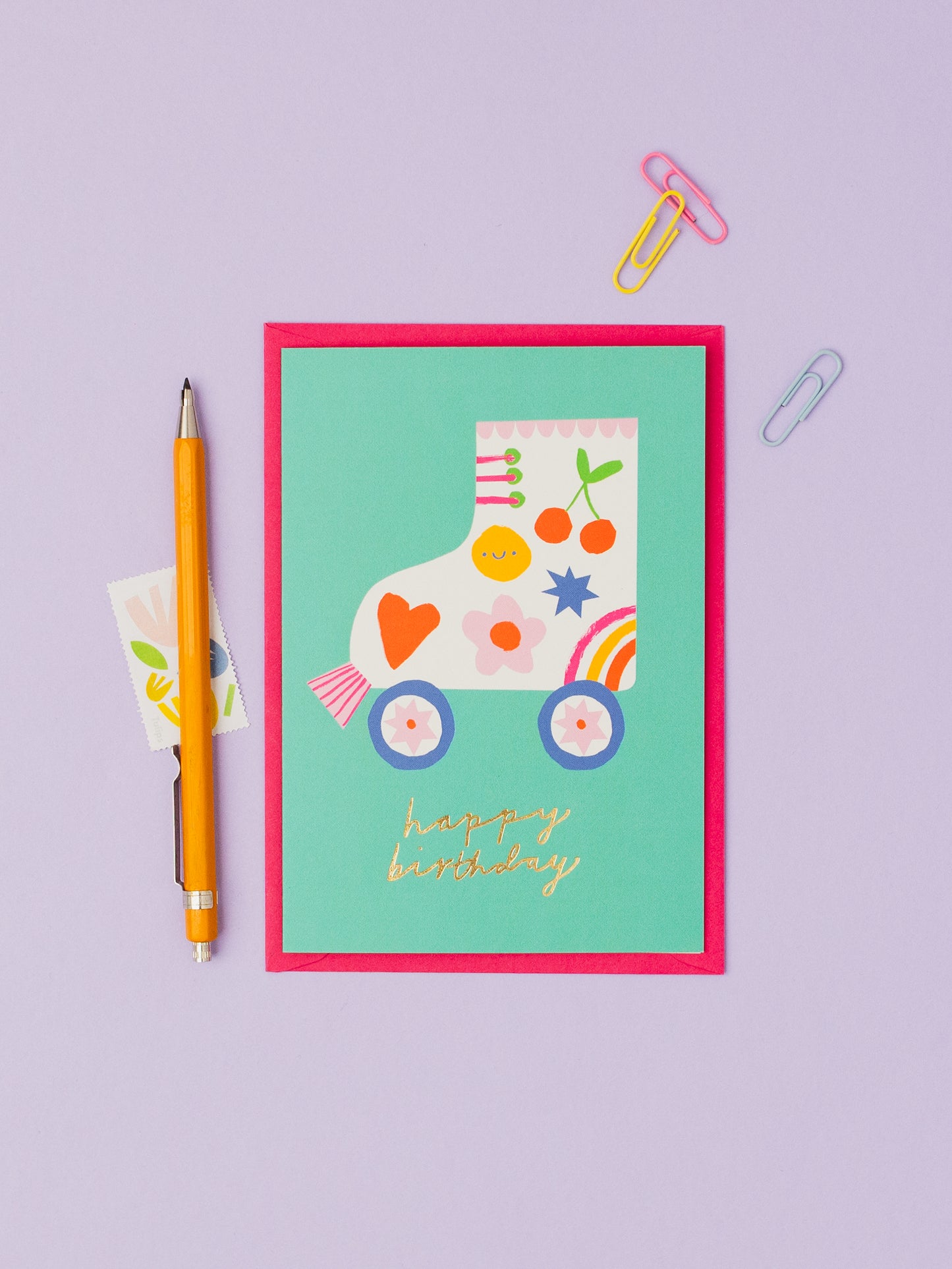 Roller skate hand foiled A6 greetings card