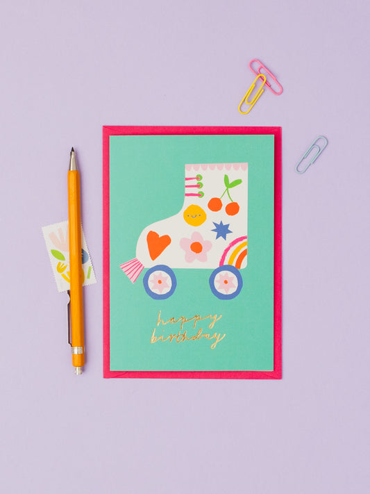 Roller skate hand foiled A6 greetings card