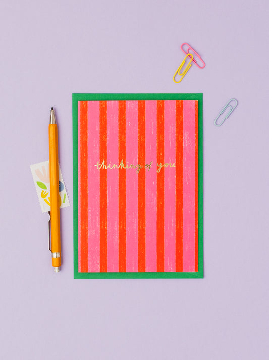 Red and Pink Striped Thinking of you hand foiled A6 greetings card