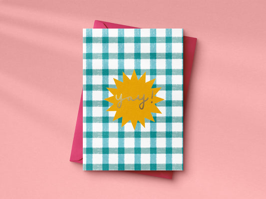 Blue check YAY hand foiled A6 greetings card