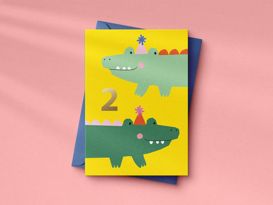 Cute crocodiles 2nd Birthday hand foiled A6 greetings card