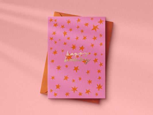 Orange stars Birthday hand foiled A6 greetings card