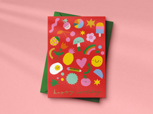 Red birthday card with colorful illustrations on a pink background