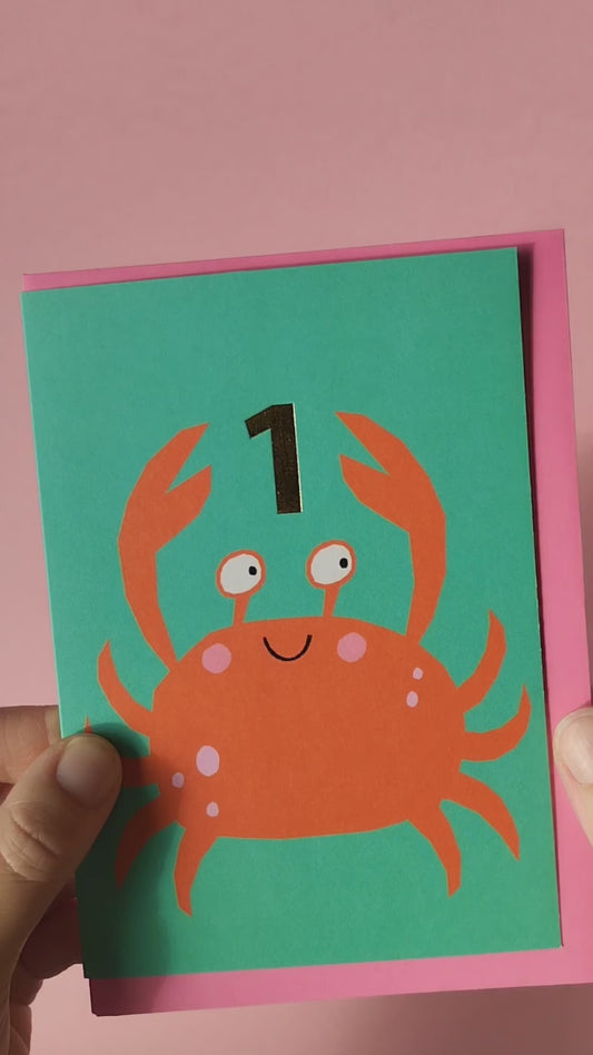 Cute Crab 1st Birthday hand foiled A6 greetings card