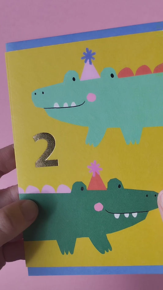 Cute crocodiles 2nd Birthday hand foiled A6 greetings card