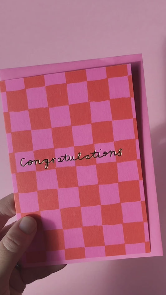 Pink Check Congratulations hand foiled A6 greetings card