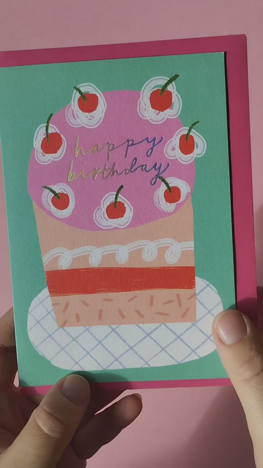 Birthday cake Holographic hand foiled A6 greetings card