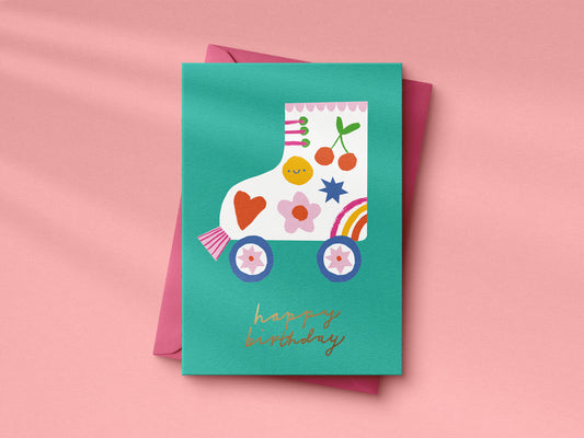 Roller skate hand foiled A6 greetings card