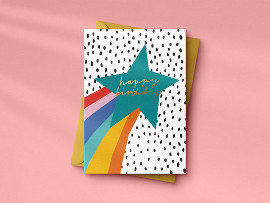 Rainbow Shooting Star Birthday hand foiled A6 greetings card