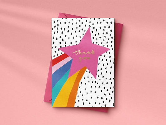 Pink Rainbow Shooting Star Thank you hand foiled A6 greetings card