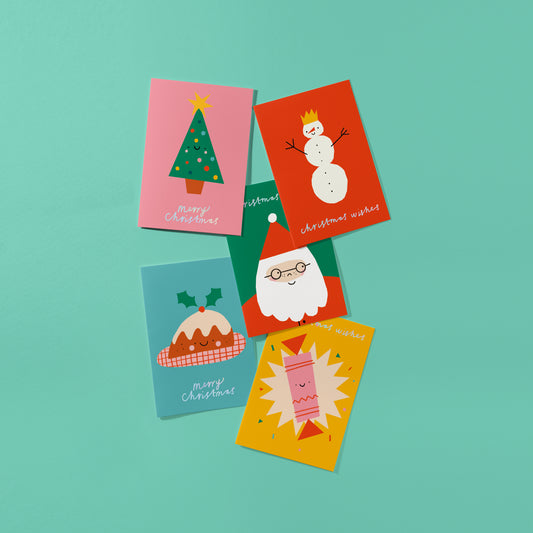 Set of 5 Fun Christmas hand foiled A6 greetings card